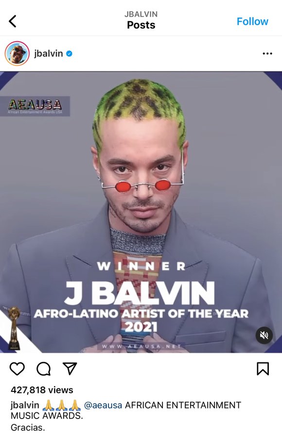 J-Balvin (white Colombian) winning an award for best "Afro-Latino" artist award for the year of 2021.