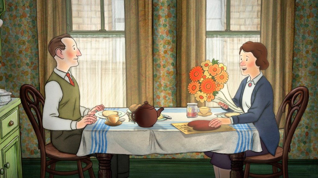 Ernest giving Ethel flowers and a card for her birthday