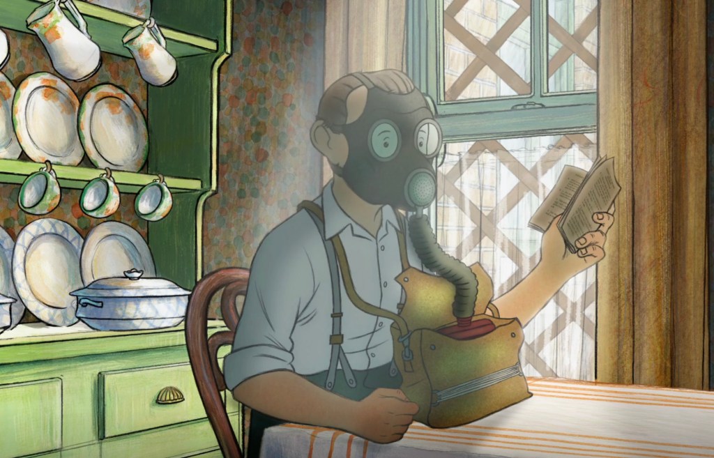 Ernest trying on the gas mask.